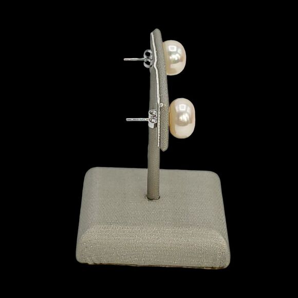 925 Sterling Silver 10mm Button Peach Cultured Freshwater Pearl‎ Stud Earrings - Picture 5 of 10